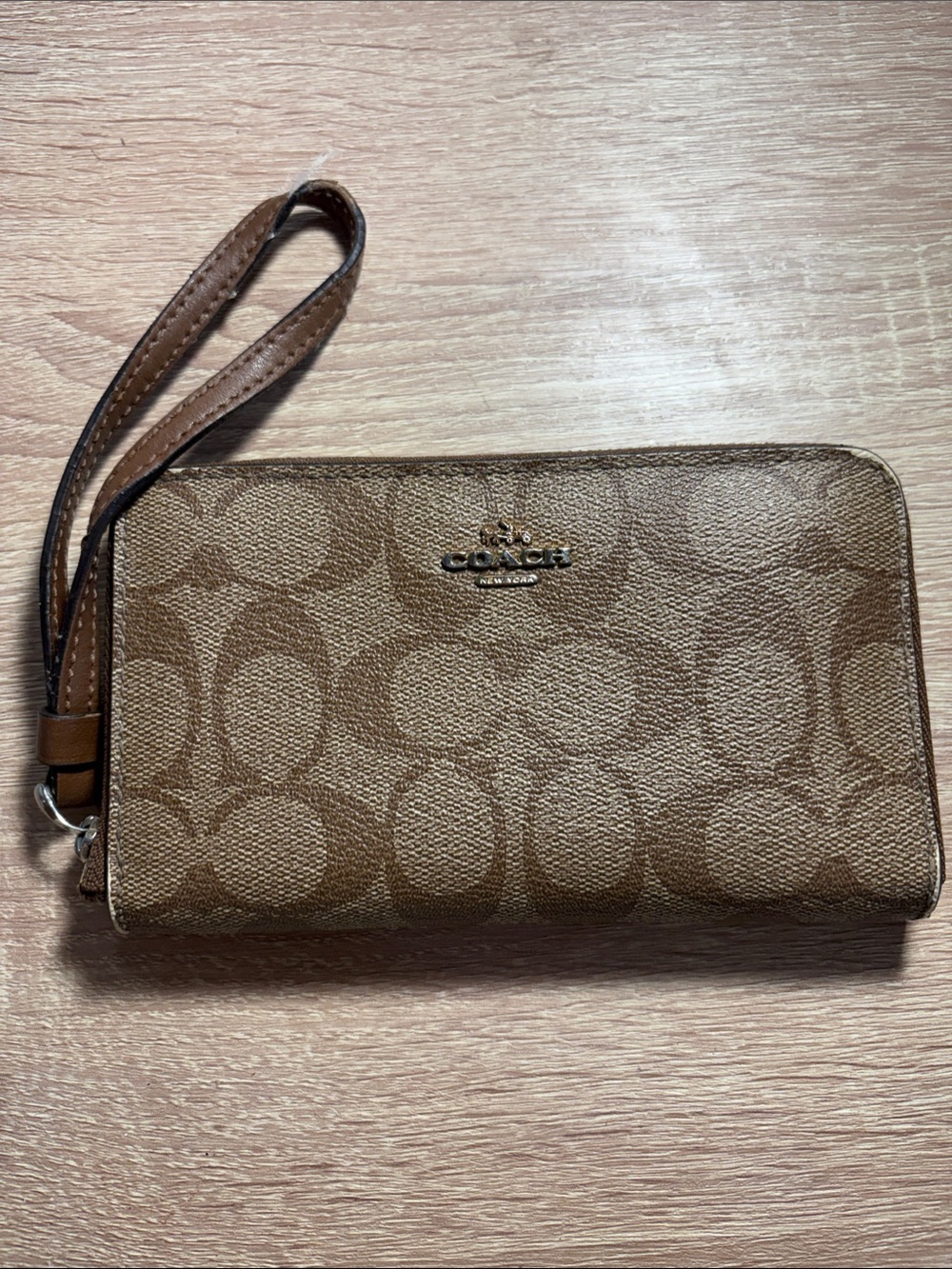 Coach Monogram Zip Wristlet in Tan and Brown